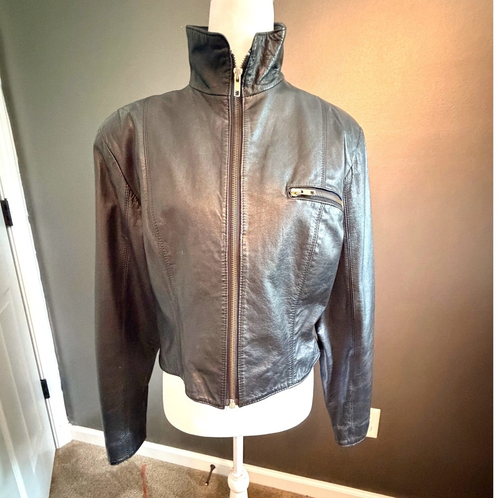 Vintage Leather Moto Jacket Womens Medium Black Excellent Zip Up Mock Neck Korea